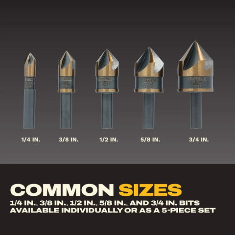 Industrial Countersink Drill Bit Set For Wood Metal Plastic DEWALT Five Piece Set with various size shanks and 82 degree tips