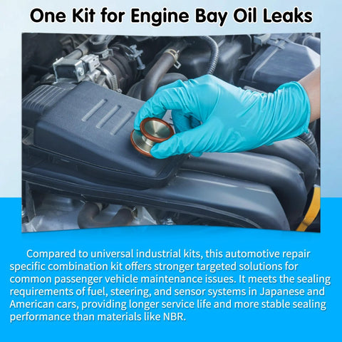 Viton O-ring kit with orange O-rings; two rings held by a gloved hand over a car engine bay