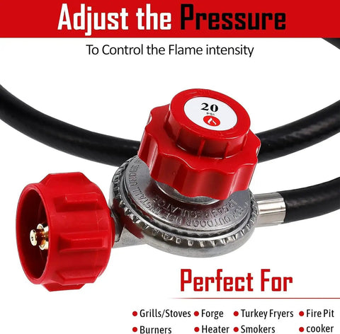 4 Ft High Pressure Propane Regulator Hose With 0 To 20 PSI Adjustable Red Knob And QCC1 Connection for US Tanks, ideal for grills.