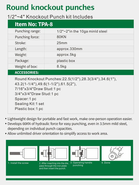 Round knockout punch kit specifications and components list with installation instructions, highlighting punching range and force.