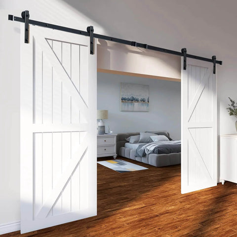 8 Ft Double Door Sliding Barn Door Hardware Kit With Quiet I Shaped Rollers Beefed Up Heavy Duty Steel Tracks, installed.
