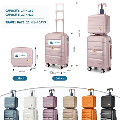 Lightweight Nude Pink 2 Piece Carry On Luggage Set With 20 Inch Hardside Spinner Case And 14 Inch Mini Cosmetic Case Polypropylene Build