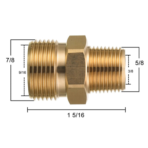 Brass 3/8 in NPT male to M22 14mm male pressure washer adapter, Amazon brand.
