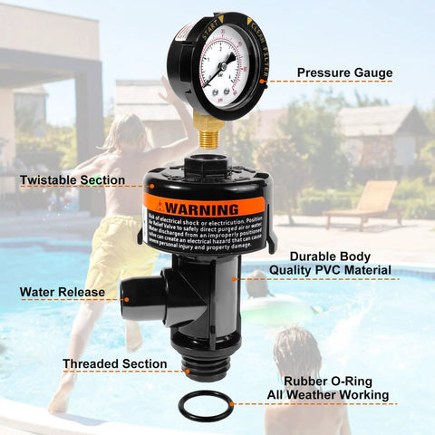 Manual air-relief valve with pool filter pressure gauge, black PVC body, brass threaded fitting and O-ring