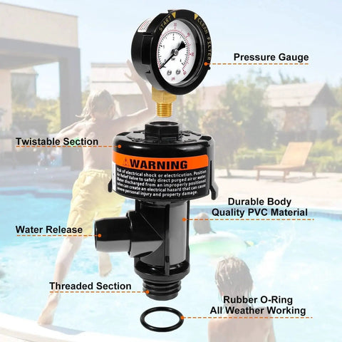 Manual Air Relief Valve Assembly With Pool Filter Pressure Gauge Replacement Fits Pentair FNS Clean And Clear Quad De 4000 Series CC50 To CC200 CCP240 To CCP520 SM SMBW O Ring Sealed For Easy Install, front view showing pressure gauge and durable PVC body near pool.