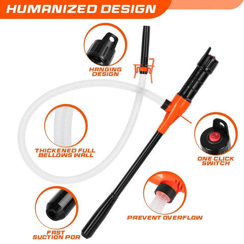 Battery Powered Siphon Pump For Gas And Diesel Transfer 2.4 GPM 47 Inch Hose with features shown