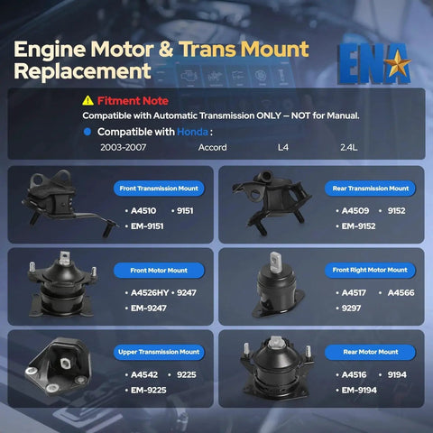 Image of Six Piece Drop In Engine And Transmission Mount Set For Honda Accord 2003 2007 2.4L Automatic Replacement Kit With Mounts Compatible With A4526HY A4517 A4516 A4510 A4509 A4542 showing individual engine and transmission mounts labeled by position and part numbers.