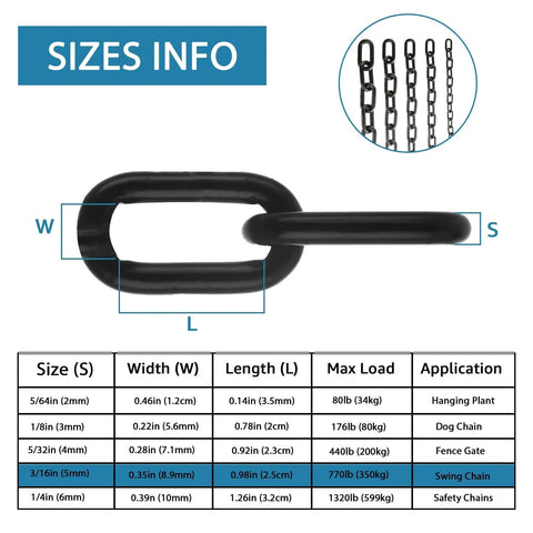 Size information for 26.2 Ft Black Chain Link Heavy Duty 3 Sixteenth Inch Carbon Steel Hanging Chain Kit