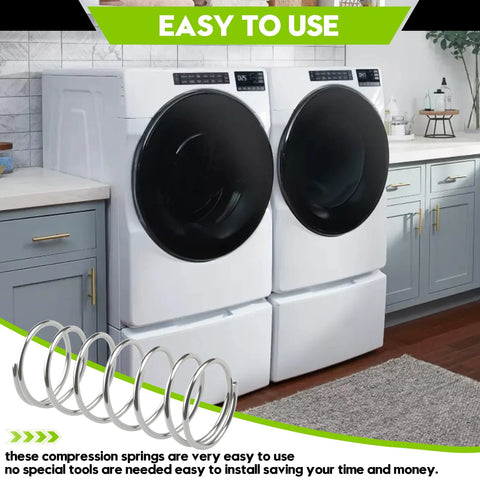 Compression springs, 4-pack, 5/8 in OD, 1-1/2 in long, 0.041 in wire, steel, silver; foreground with laundry appliances