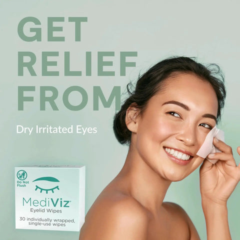 Smiling woman using Hypoallergenic Eyelid Cleansing Wipes For Debris Removal And Itchy Eye Relief, box in foreground