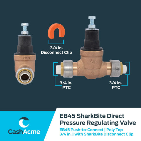 CashAcme EB45 pressure regulating valve with disconnect clip, 3/4 in push-to-connect, bronze body, poly top