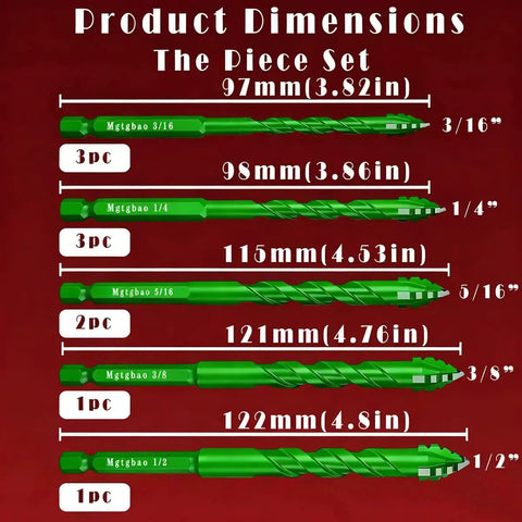 Green Upgraded Mgtgbao 10 Piece 4 Flute Serrated Carbide Masonry Drill Bit Set For Concrete Brick Tile Marble Wood Plastic Glass Built Tough For Fast Cut Performance Includes Sizes Three Sixteenth To One Half Inch dimensions