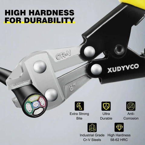 Close-up of Heavy Duty 8 Inch Bolt Cutter For Wire And Cable Cutting With Non Slip Handle And Labor Saving Spring Loaded Mechanism XUDYVCO
