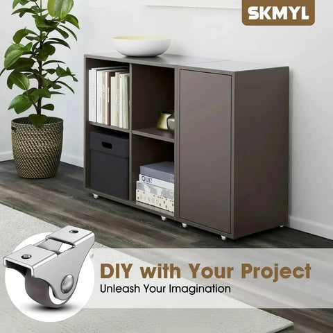2 Inch Small Fixed Caster Wheels With Low Profile And Quiet Rolling For Furniture Drawers And Storage Bins Brown Set Of 4 Durable Thermoplastic Rubber Caster Wheels For Smooth Mobility And Easy Furniture Upgrades installed on a dark brown cabinet in a living room.