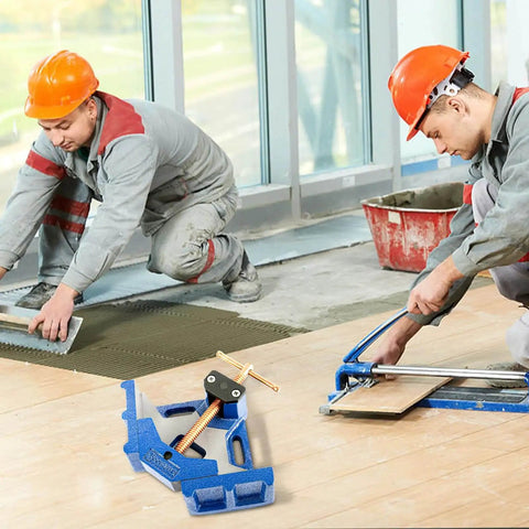 Heavy Duty Ductile Iron Welding Angle Clamp With 4.72 Inch Opening And 2.36 Inch Jaw Depth Powder Coated For Rust Resistance used on wood floor during construction.