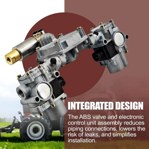 Heavy Duty Rear ABS Modulator Valve and Electronic Control Unit Assembly for 4S 4M and 6S 6M Tractor, 12V ATC, Five Point Five PSI Crack Pressure, Direct Fit Replacement for Heavy Duty Trucks and Farm Equipment 4725002230 S4725002230, shown with integrated design next to tractor.