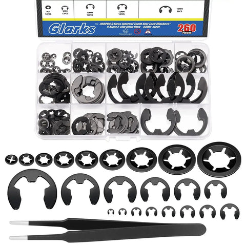 261 Pcs Lock Washer And E Clip Kit With 100 Internal Tooth Star Washers In Nine Sizes And 160 E Ring Circlips In Fourteen Sizes Plus A Pair Of Tweezers For Easy DIY Fixes Must Have For DIYers