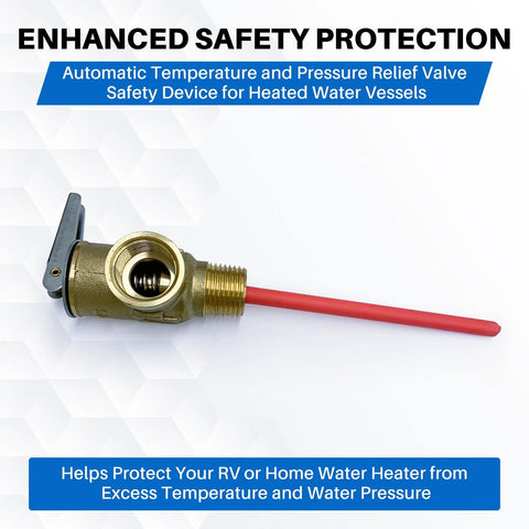 Brass 1/2 in NPT temp/pressure relief valve with red extended probe and side lever for RV water heaters.