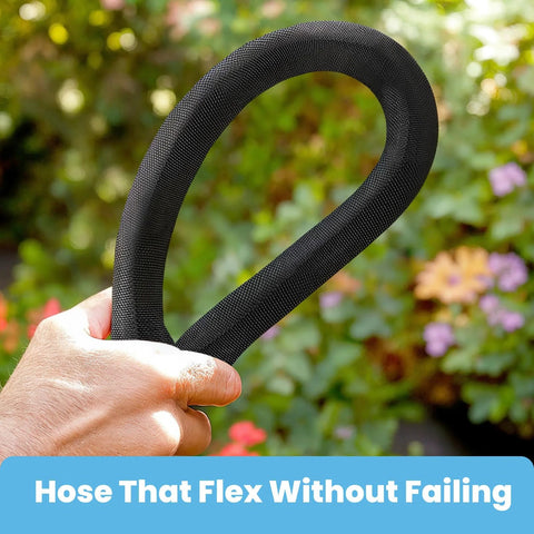 Haeteir 50ft non-expanding garden hose, black braided hose held in a hand.