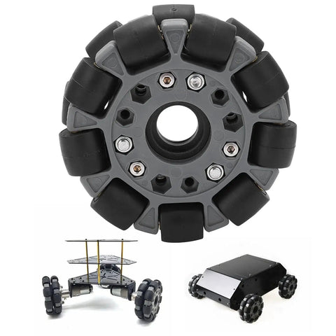 Omni Directional Robot Wheel Set With Rubber Rollers For Smooth 360 Degree Movement and Precise Rotation, shown with robot applications.