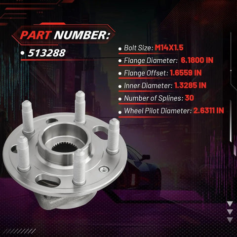 Front And Rear Wheel Hub Bearing Assembly Replacement For GM Cars Like Malibu Impala Equinox Terrain Lacrosse XTS CTS Regal Buick And Cadillac With ABS 5 Lug 2 Piece Set, showing part number 513288 and detailed dimensions.