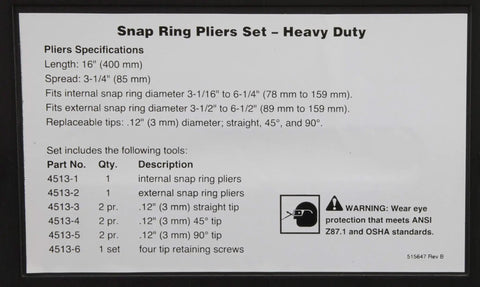 Specifications for Heavy Duty 2 Piece Internal And External Snap Ring Pliers Set, 16 Inch Overall Length With 12.5 Inch Handles