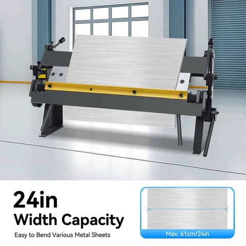 24 Inch Pro Grade Sheet Metal Brake With 0 To 135 Degree Adjustable Bending in auto shop, showing 24in width capacity