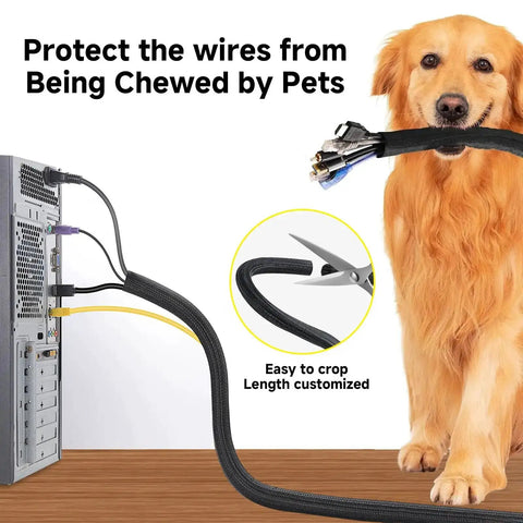 Golden retriever near Split Cable Sleeve Wire Loom One Quarter Inch Cable Protector, 10 Feet Long, self-closing wire wrap on computer cords