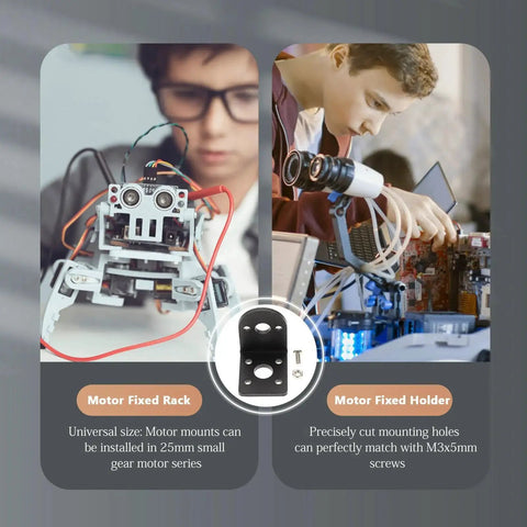 Two boys with robotics setups and Six Piece 25mm Dc Gear Motor Mounting Bracket Set Beefy Rust Resistant Metal Motor Fixed Holder and Support Stand shown.