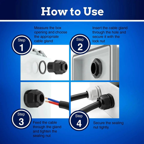 Installation steps for Tough as Nails PG Cable Glands Kit With KableLock Tech For PG7 To PG19, showing cable entry and secure connection.