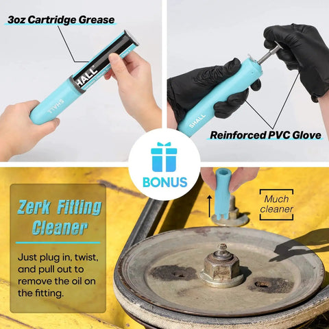 Mini Grease Gun Kit 3.52 Oz Capacity 3000 Psi With Long And Short Extension Pipes 12 Inch Flex Hose Two Four Jaw Couplers Sharp Nozzle Extension Adapter 3 Oz Grease Reinforced Glove And Cleaner Perfect For DIY Auto Maintenance components and usage overview.