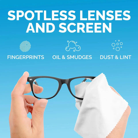 Hand using Microfiber Cloths Six Pack 6x7 Inch Lint Free Lens Screen Cleaners For Glasses to wipe eyeglasses against blue background.