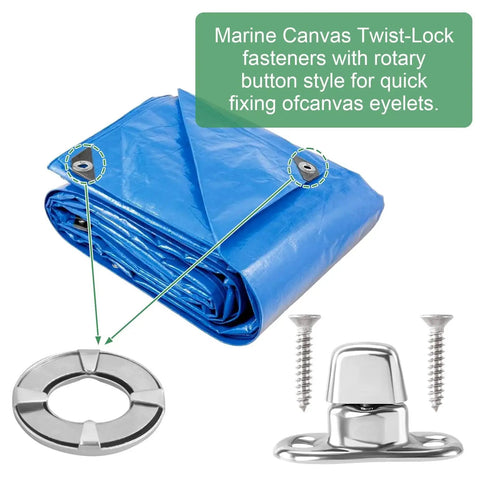 Marine Grade Twist Lock Fasteners Set for Boats Mxxipp 15 Piece Kit with blue canvas, eyelets, screws, and zinc alloy components