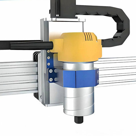 69mm Aluminum Spindle Holder Mount for PROVerXL 4030 V2 2X2 4X4 CNC Router Machines, installed view showing blue aluminum mount.