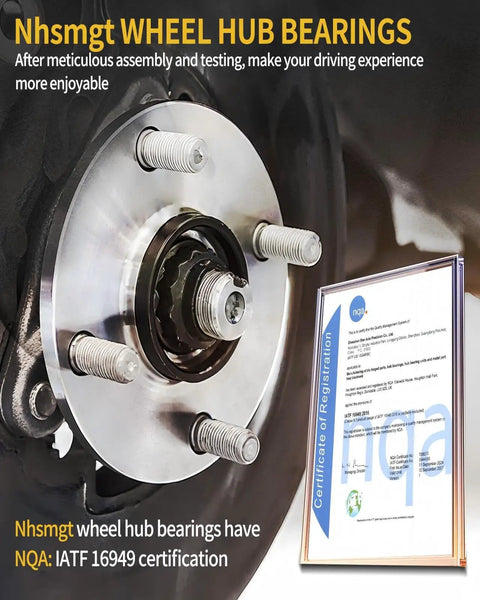 Close-up of 2x 512353 Rear Anti Rust Wheel Bearing Hub installed, showcasing 5-lug design and IATF 16949 certification.