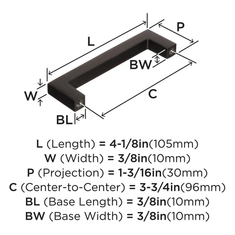 Dimensions of Monument Oil Rubbed Bronze Cabinet Pull 3-3/4 Inch Center-to-Center with 4-1/8 Inch Overall Length