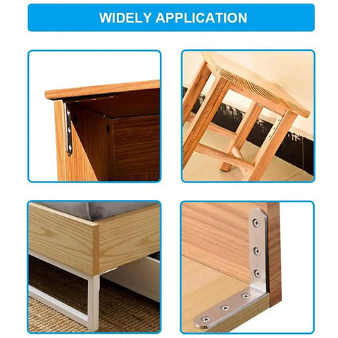 Heavy Duty Stainless Steel Corner Bracket 10 Pack For Wood And Metal Joints shown reinforcing furniture corners