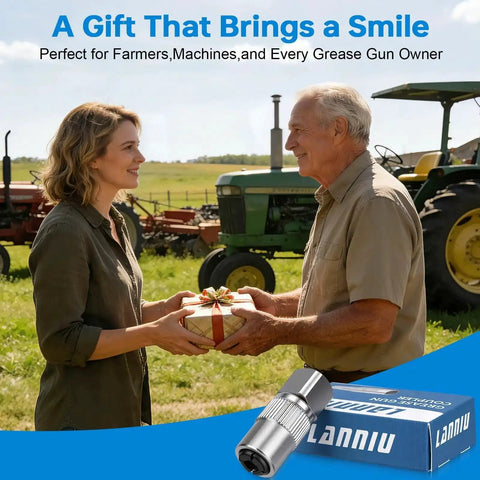 Man and woman exchanging a gift in a field with tractors, featuring a Heavy Duty 4 Jaw Quick Release Grease Gun Coupler in the foreground.