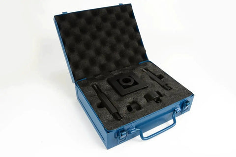 Square 45mm By 45mm One Sixteenth DIN Panel Punch Die Set With Draw Studs in protective case, 12 ton capacity, foam padding.