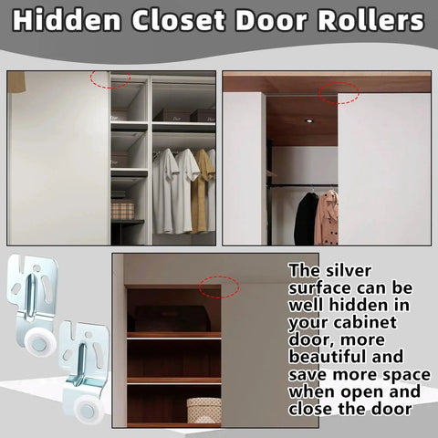 Eight Piece Closet Sliding Door Hardware Roller Kit With Sixteen Screws For Top Hung Bypass Closet Doors and Kitchen Doors replacement wardrobe wheels installed in closet