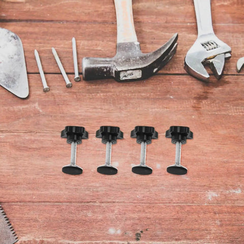 Star Handle Pressure Plate Adjustment Screws With Washers And Nuts, M8 Threaded Clamping Knobs, 4 Pack on a wooden surface with tools