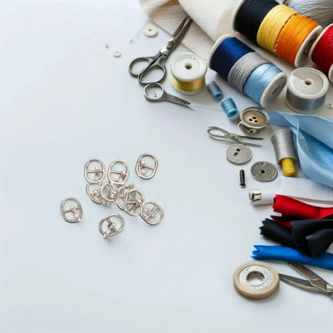 Mini Alloy Belt Buckles Set 150Pcs Tiny 5.5mm Doll Belt Fasteners Silver Black Bronze For Doll Clothes Shoes And Sewing Accessories Diy Craft Buckles For Creative Crafters on sewing table with threads and scissors