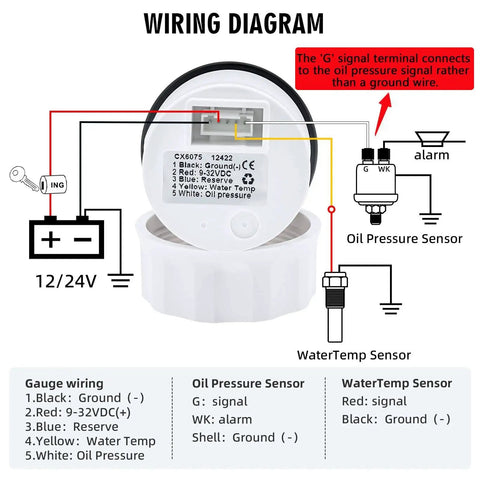 Wiring diagram for All In One 52mm 2-1/16 Inch Triple Gauge Kit with oil pressure, water temp, and volt display.