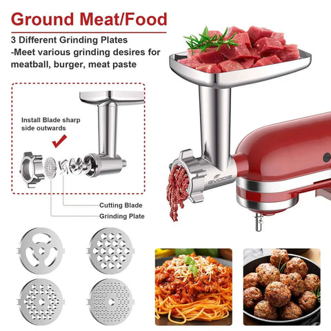 Metal Meat Grinder Attachment For KitchenAid Stand Mixers With Four Grinding Plates Three Sausage Stuffer Tubes Two Grinding Blades Food Grinder Attachment For Home Use And For Sausages Burgers Meatballs And Salsas shown attached to mixer.