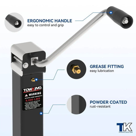 8000 Lbs Square Trailer Jack With 15 Inch Lift And 12 Inch Adjustable Drop Leg Heavy Duty Weld On Mount close-up of handle and features