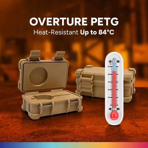 Overture PETG storage cases with thermometer showing heat resistance up to 84°C in industrial background