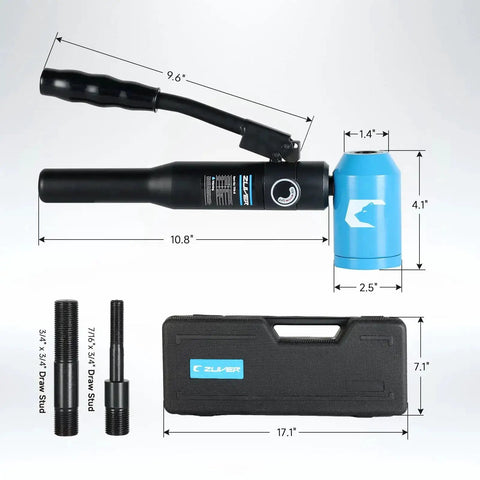 Hydraulic Knockout Hole Punch Driver Kit With Eight Ton Power, Six Dies From Half Inch To Two Inch, product layout with case and handle