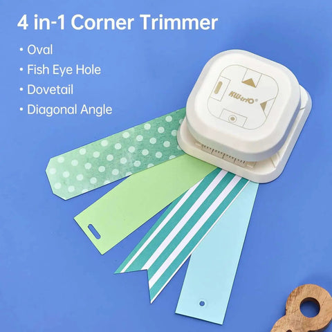 4 In 1 Paper Corner Trimmer with Oval Fish Eye Dovetail and Diagonal Angle Puncher for crafts on colored paper strips.