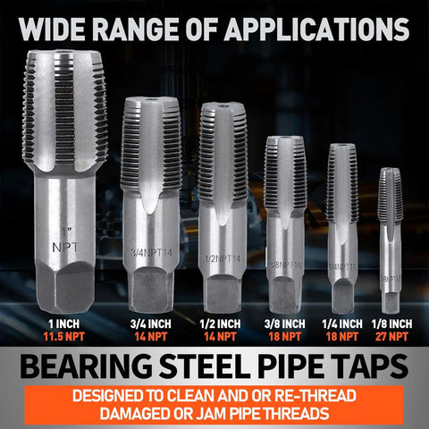 Six Piece NPT Pipe Tap Set Including One Inch Three Quarters Inch One Half Inch Three Eighths Inch One Quarter Inch And One Eighth Inch Taps For Pipe Thread Repair Re Threading Damaged Or Jammed Threads In Bearing Steel With Heavy Duty Storage Case displayed in various sizes