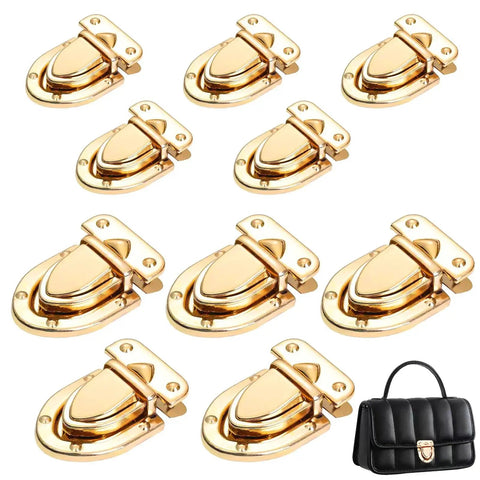 10 Pcs Turn Lock Clasp Set For DIY Handbags With Washers Sturdy Metal Twist Lock Fasteners For Craft Purses Bags And Briefcases In 27x38mm And 35x50mm Sizes Heavy Duty Closure Hardware For Bag Making shown in gold finish